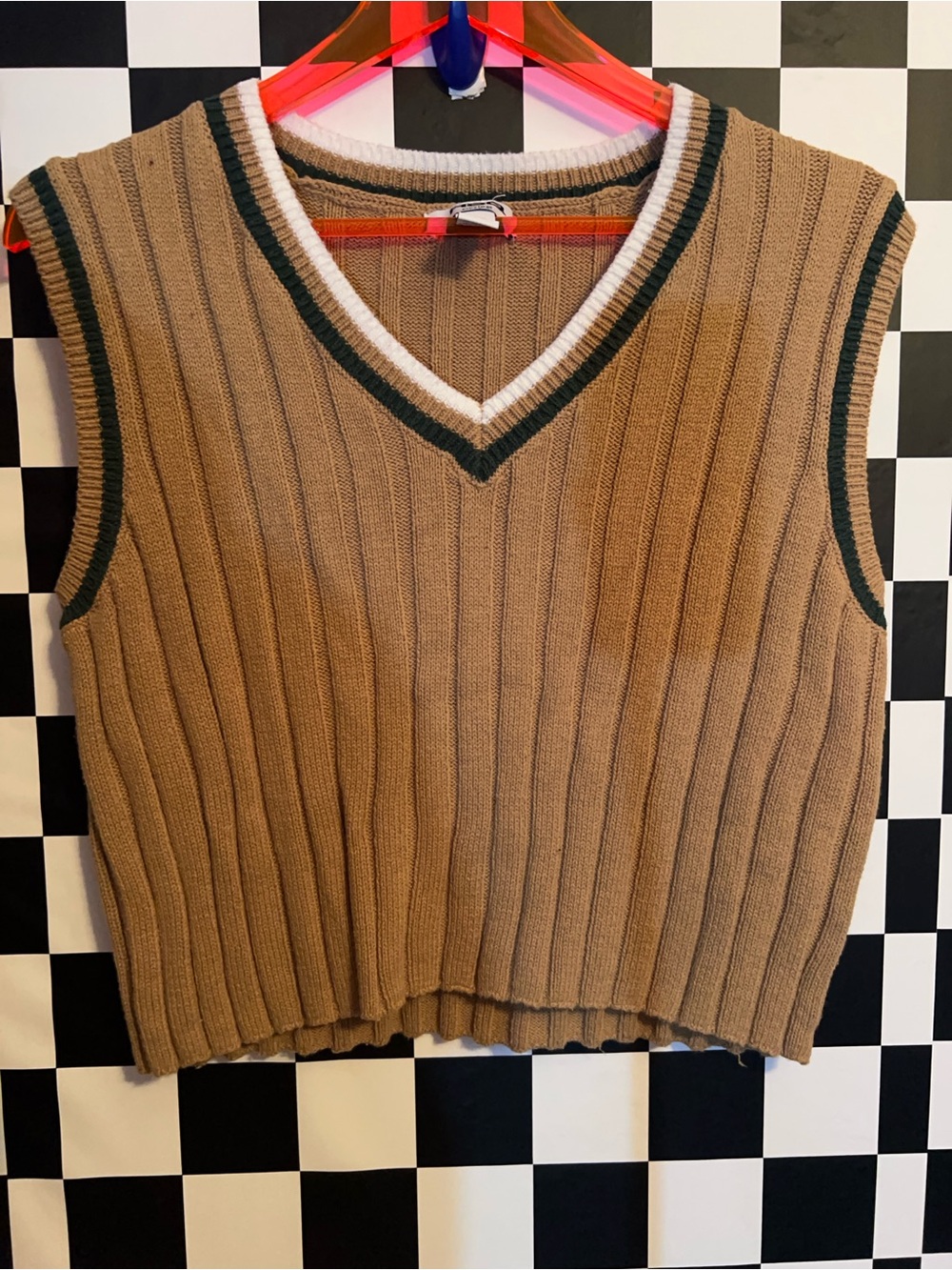 RSQ Tan Ribbed V-Neck Sweater Vest with Green & White Trim